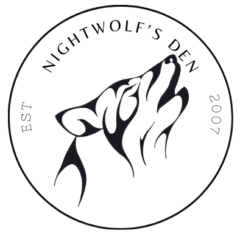 Logo - Circle with the words Nightwolf's Den Est 2003. Includes the image of a tribal style wolf head