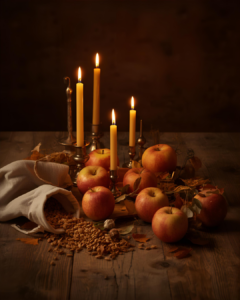 lit candles with apples & grains on a table