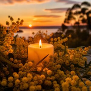Lit candle and wattle blossoms symbolising Imbolc in Australia