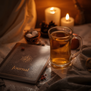 Warm honey tea beside Imbolc journal and candlelight