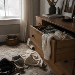 Open drawer being sorted into keep and donate piles during a late-winter declutter