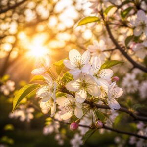Morning sunlight through spring blooms