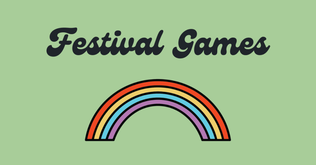 Image with a green background. Text "Festival Games" above a rainbow arch.